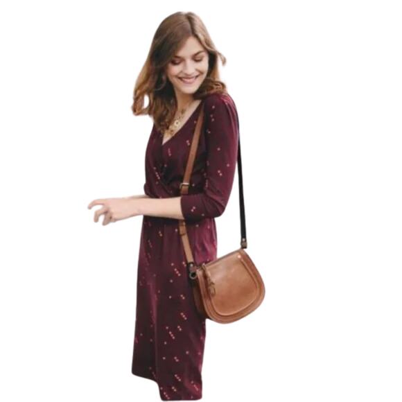 Boden Cressida Faux Wrap Dress 3/4 Sleeves Burgundy Polka Dot Print Size 14 LONG - Picture 3 of 6